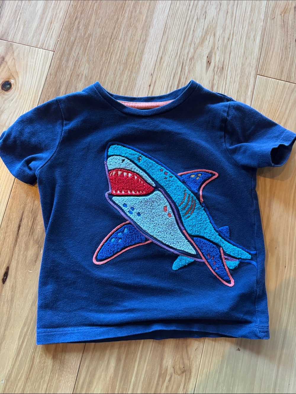 Mini Boden Navy Tee with Bright Blue Shark Appliqué and Red Accent